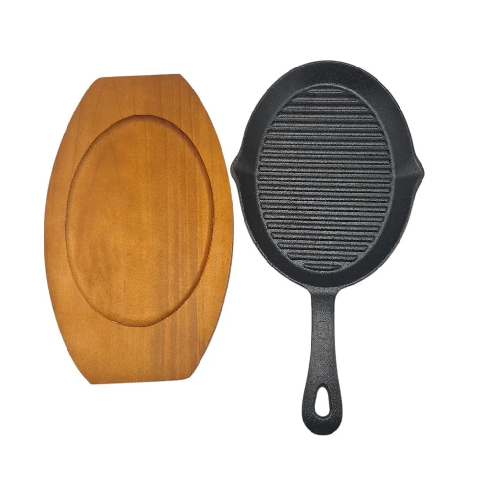 Masterclass Cookware 3pc Cast Iron Pan Fajita Set Wooden Trivet And Handle Mitt